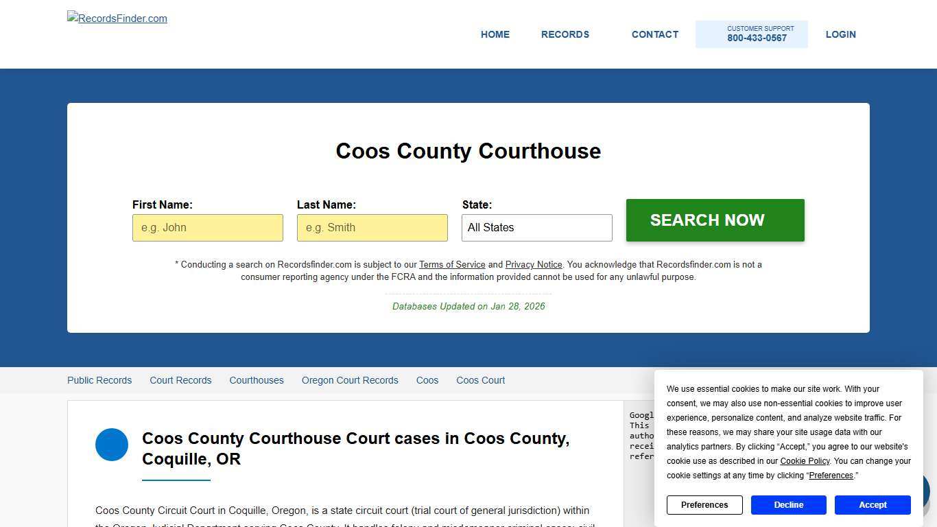 Search Coos County Courthouse, OR Cases and Records
