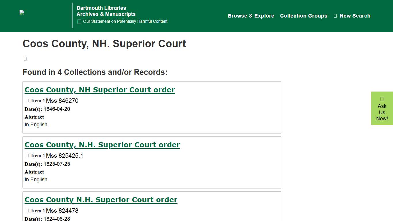 Coos County, NH. Superior Court Dartmouth Libraries Archives & Manuscripts